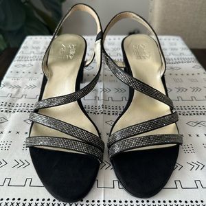 Sandal, heels  black silver rhinestone suede shoe.